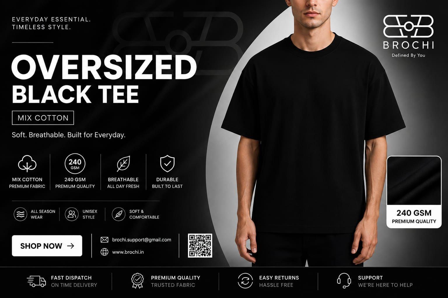BROCHI oversized black tee mix cotton promo banner